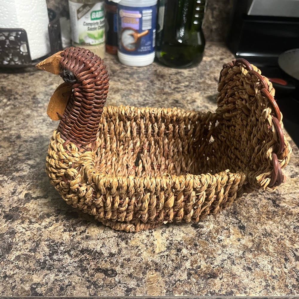 Turkey of Woven Wicker Rattan & Wood Small Boho Turkey Basket Fall Decor
